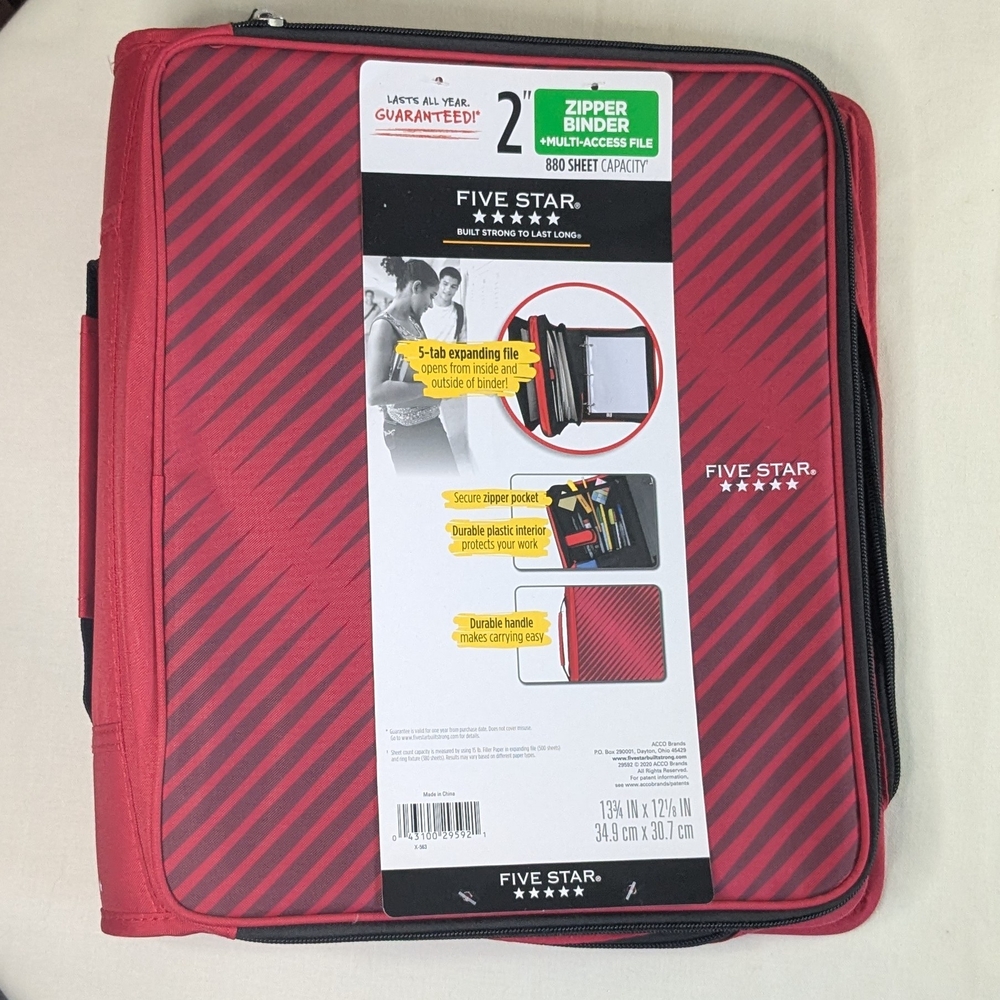 Mead Five Star 2" Ring Binder 880 Sheet Zipper 5 Tab Expanding File Handle Red